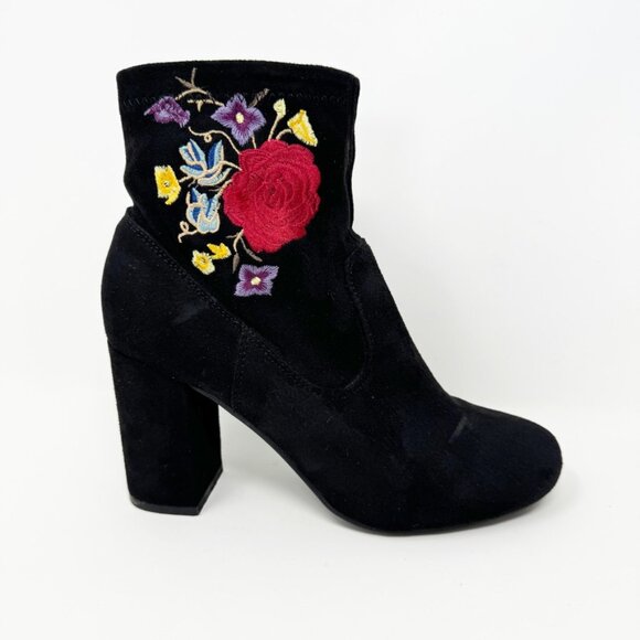 Carlos Womens Black Faux Suede Floral Embroidered Side Zip Heel Booties Size 6.5 - Picture 1 of 11
